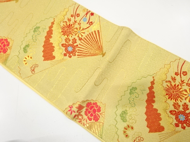JAPANESE KIMONO / ANTIQUE FUKURO OBI / SILK / WOVEN FAN & FLOWER